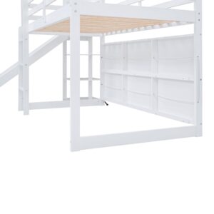 Harper & Bright Designs Kids Twin House Loft Bed with Slide, Storage Shelves and LED Light, Wood Twin Low Loft Bed with Guardrail and Ladder, Twin Playhouse Bed for Kids Teens Boys & Girls, White