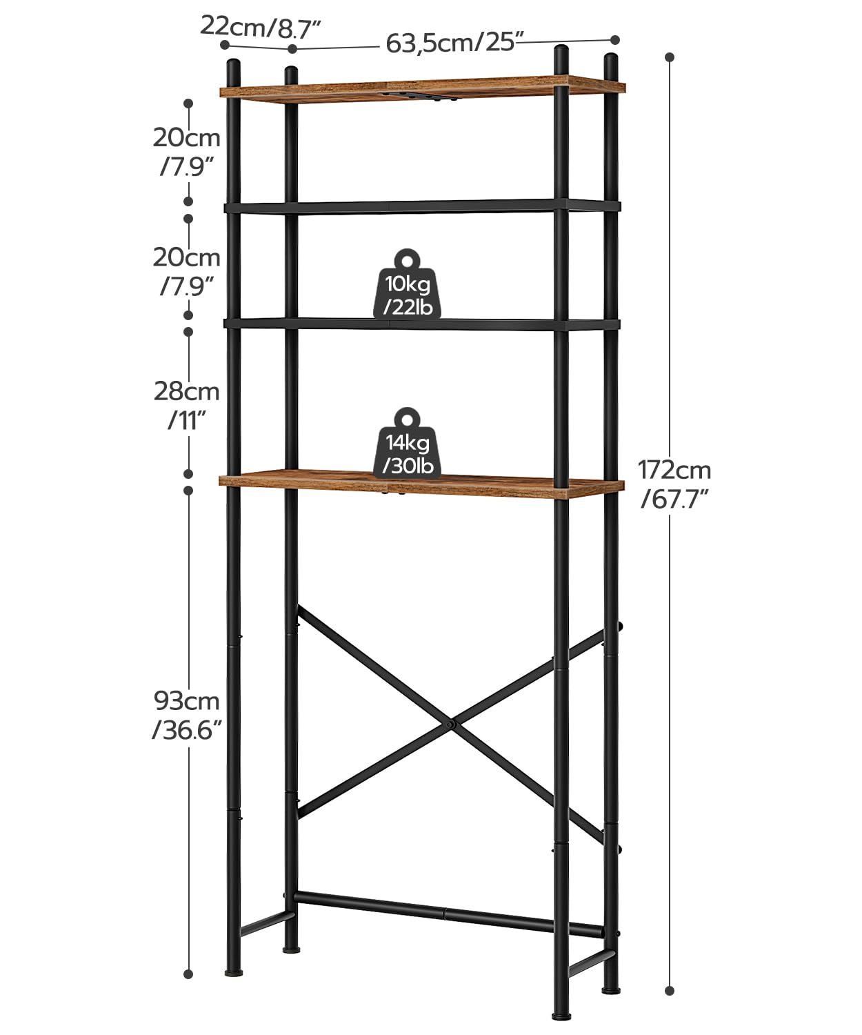 HOOBRO Over The Toilet Storage, 4-Tier Over Toilet Bathroom Organizer, Freestanding Above Toilet Shelf with Adjustable Feet, Space Saving, Easy to Assemble, Rustic Brown and Black BF64TS01