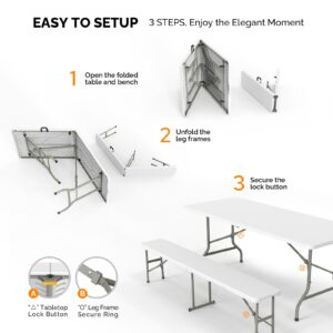 VINGLI Picnic Table Set with 2 Benches, 6 Feet Camping Table Chair Set,3-Piece Folding Furniture for Indoor or Outdoor Use, Smooth Tabletop, White