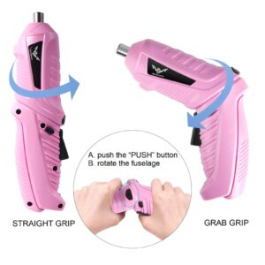 Pink Electric Screwdriver, 3.6V Cordless Drill Screwdriver Rechargeable, 3.5N·m Max Torque Electric Screw with 2 Accessory Kit, Micro USB, Front LED Light, Easy for Small Home Projects