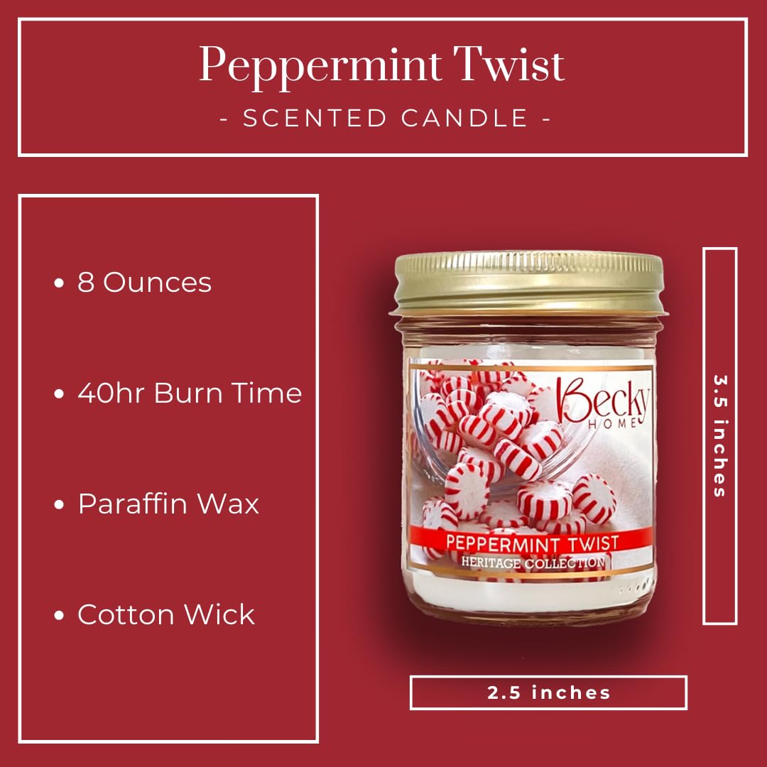 Peppermint Twist Scented Candle in Clear Mason Jar | Candles for Home | 8oz Rustic Home Decor Novelty Candle | 40 Hour Burn Time Candle