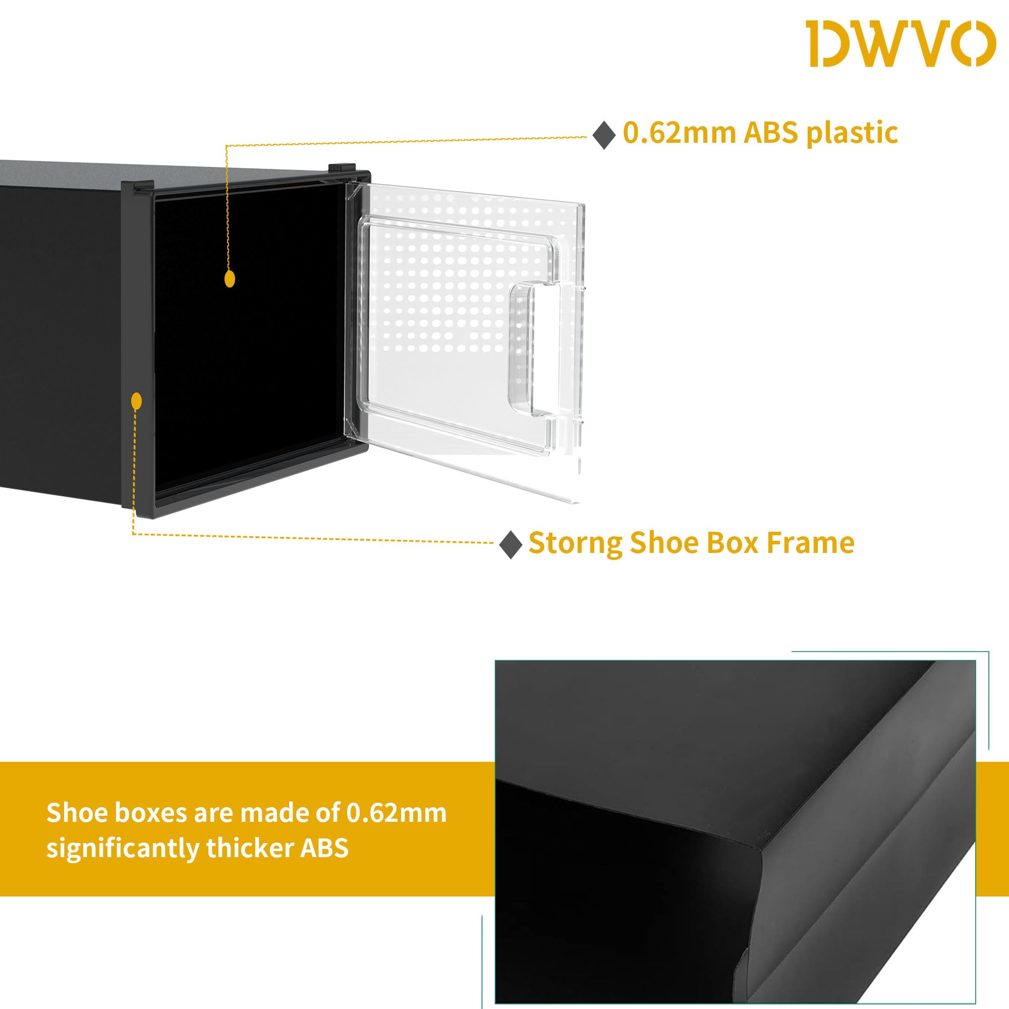 DWVO XX-Large 18 Pack Shoe Storage Organizer, Fit up to US Size 15, Clear Plastic Stackable Shoe Box for Closet, Folding Shoe Rack Sneaker Containers (Black, XX-Large)