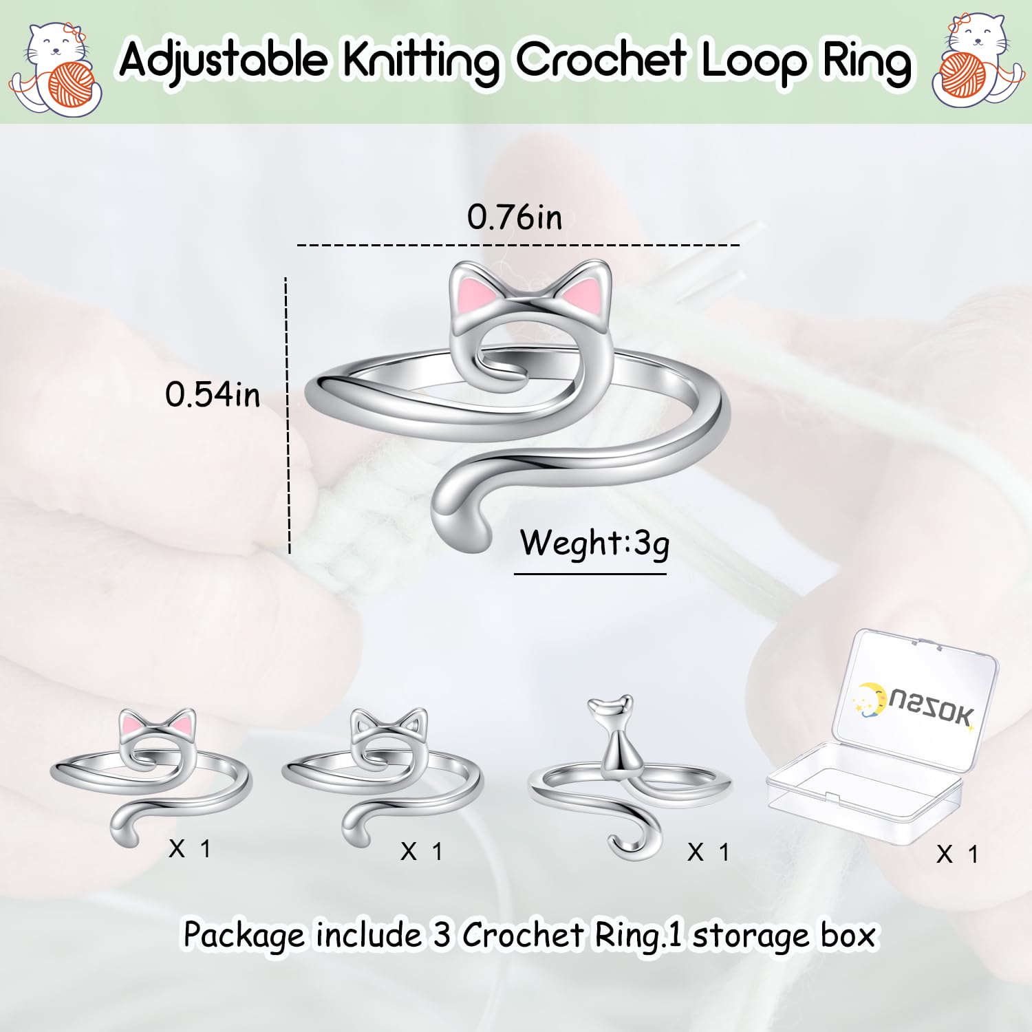 Juszok Crochet Rings for Crocheting Adjustable Crochet Tension Ring for Finger Cat Yarn Guide Ring Knitting Crochet Accessories with Box for Women 3Pcs