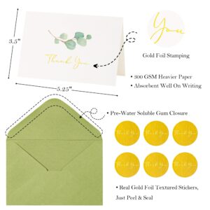 Crisky 100 PK Printable Greenery Thank You Cards with Envelopes Bulk - 5.25 x 3.5 Inches Gold Greenery Thank You Cards Notes for Wedding, Baby Shower, Bridal Shower, Small Business, Birthday