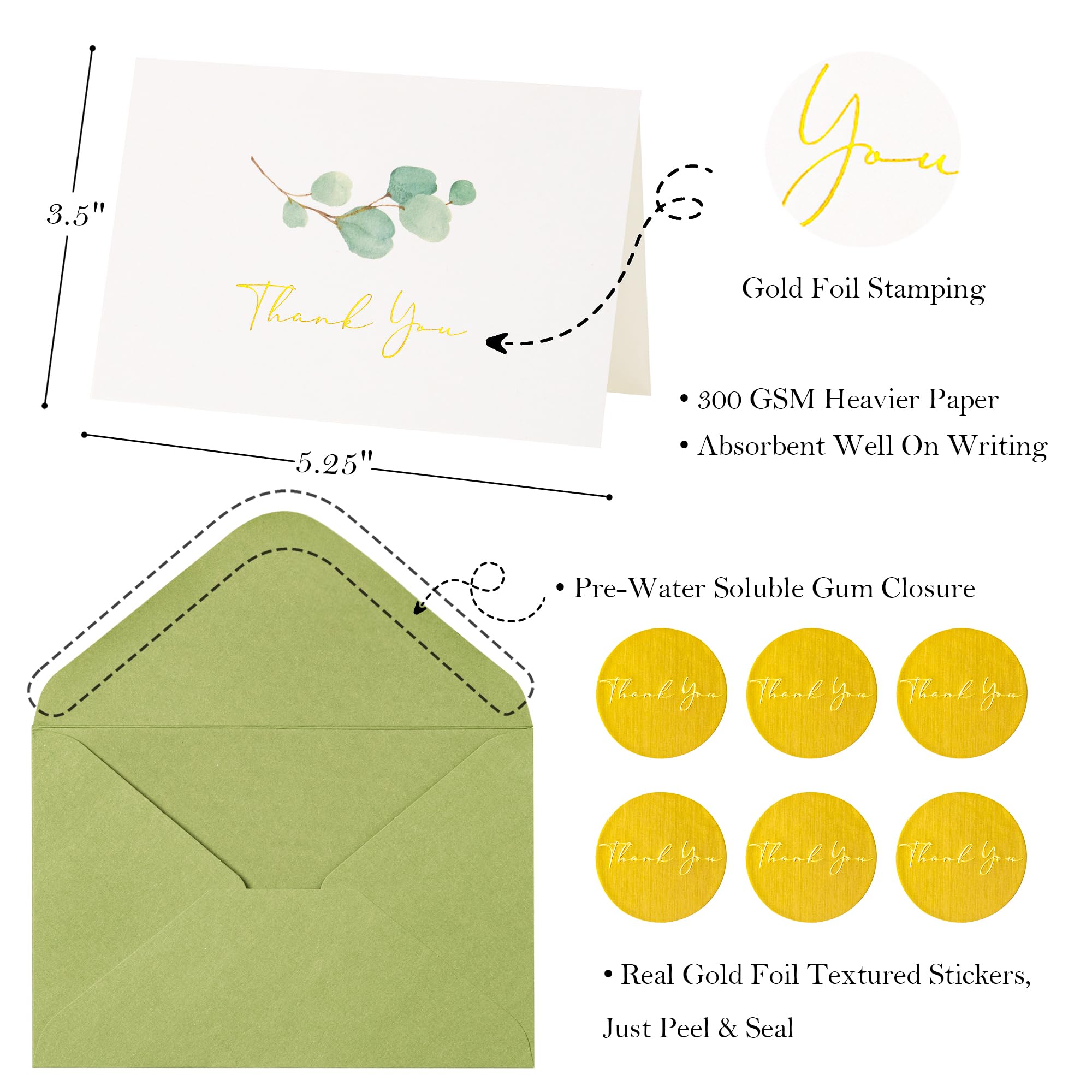 Crisky 100 PK Printable Greenery Thank You Cards with Envelopes Bulk - 5.25 x 3.5 Inches Gold Greenery Thank You Cards Notes for Wedding, Baby Shower, Bridal Shower, Small Business, Birthday