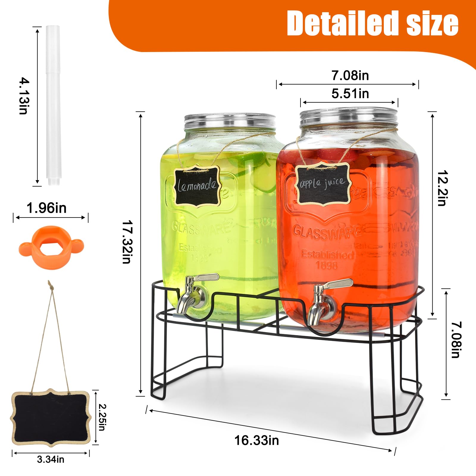 COHOMA 2 Gallon Glass Drink Dispensers For Parties(2 PACK),Beverage Dispensers With Stand And 100% Leakproof Stainless Steel Spigot.Glass Water Jug Dispenser,Lemonade Dispenser,Mason Jar.