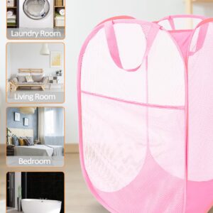 Durable Collapsible Laundry Baskets - Reinforced Mesh Pop Up Laundry Hamper with Side Pocket, Foldable Clothes Storage Hamper with Carry Handles for Laundry, Bathroom, Kids Room, Dorm or Travel Pink