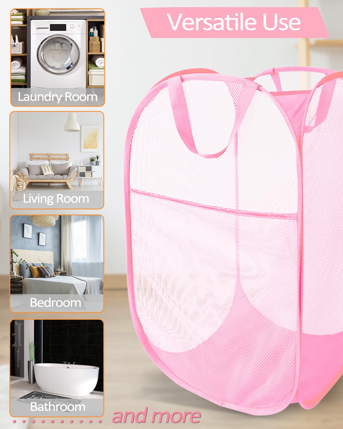 Durable Collapsible Laundry Baskets - Reinforced Mesh Pop Up Laundry Hamper with Side Pocket, Foldable Clothes Storage Hamper with Carry Handles for Laundry, Bathroom, Kids Room, Dorm or Travel Pink