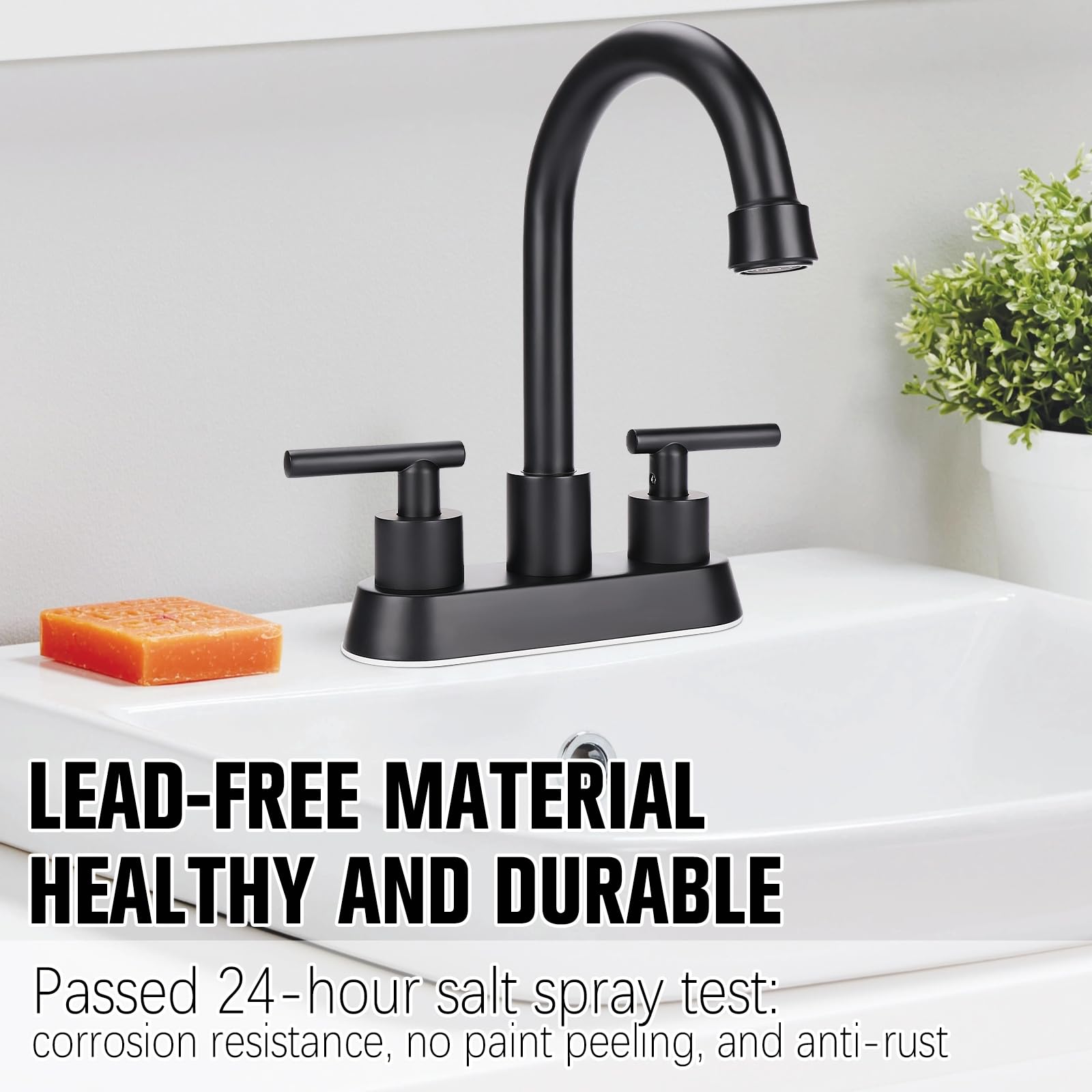 Bathroom Faucets for Sink 3 Hole, GXCROR 4 inch Matte Black Bathroom Sink Faucet, Stainless Steel Lead-Free 2-Handle Centerset Faucet for Bathroom Sink Vanity with Pop-up Drain and 2 Supply Hoses