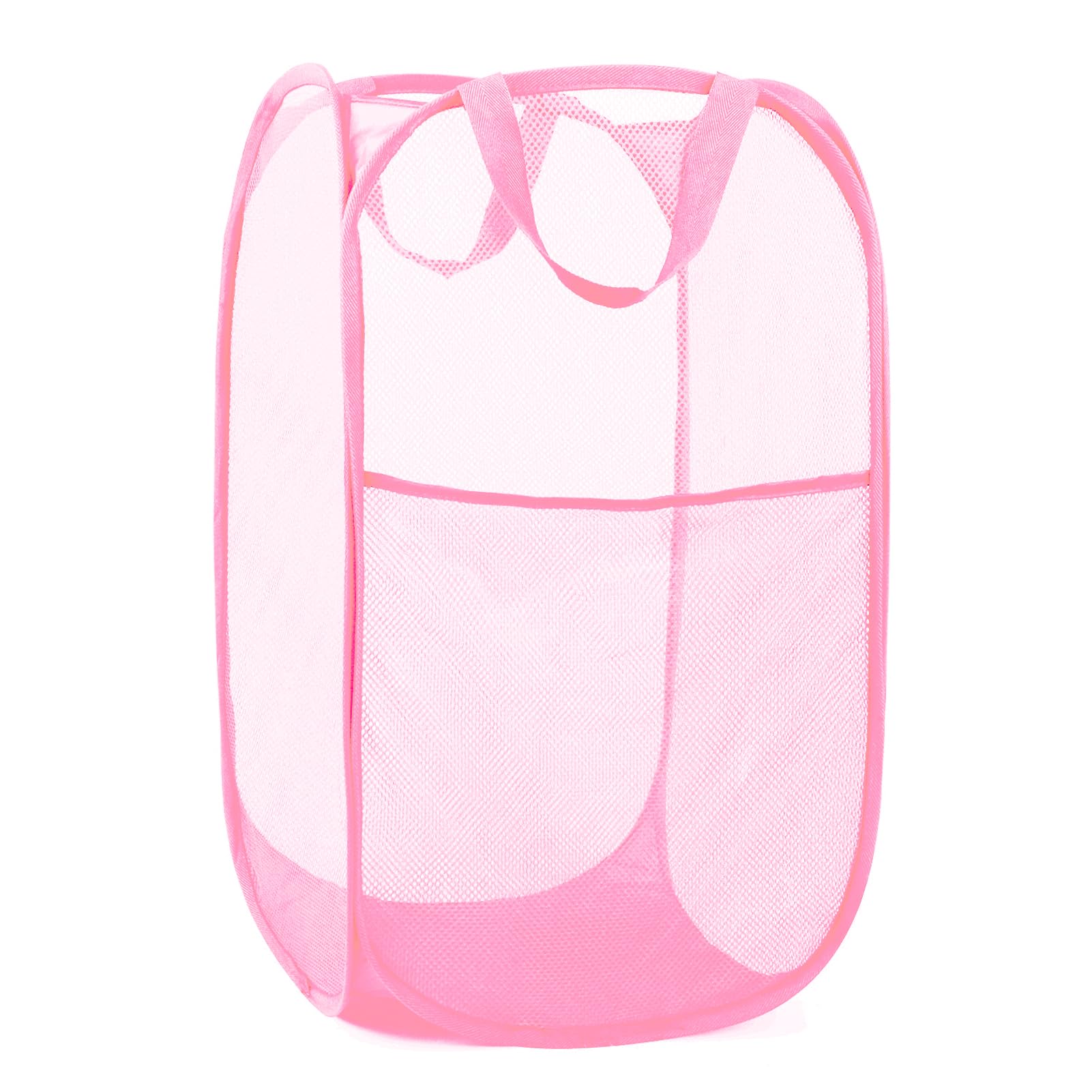 Durable Collapsible Laundry Baskets - Reinforced Mesh Pop Up Laundry Hamper with Side Pocket, Foldable Clothes Storage Hamper with Carry Handles for Laundry, Bathroom, Kids Room, Dorm or Travel Pink