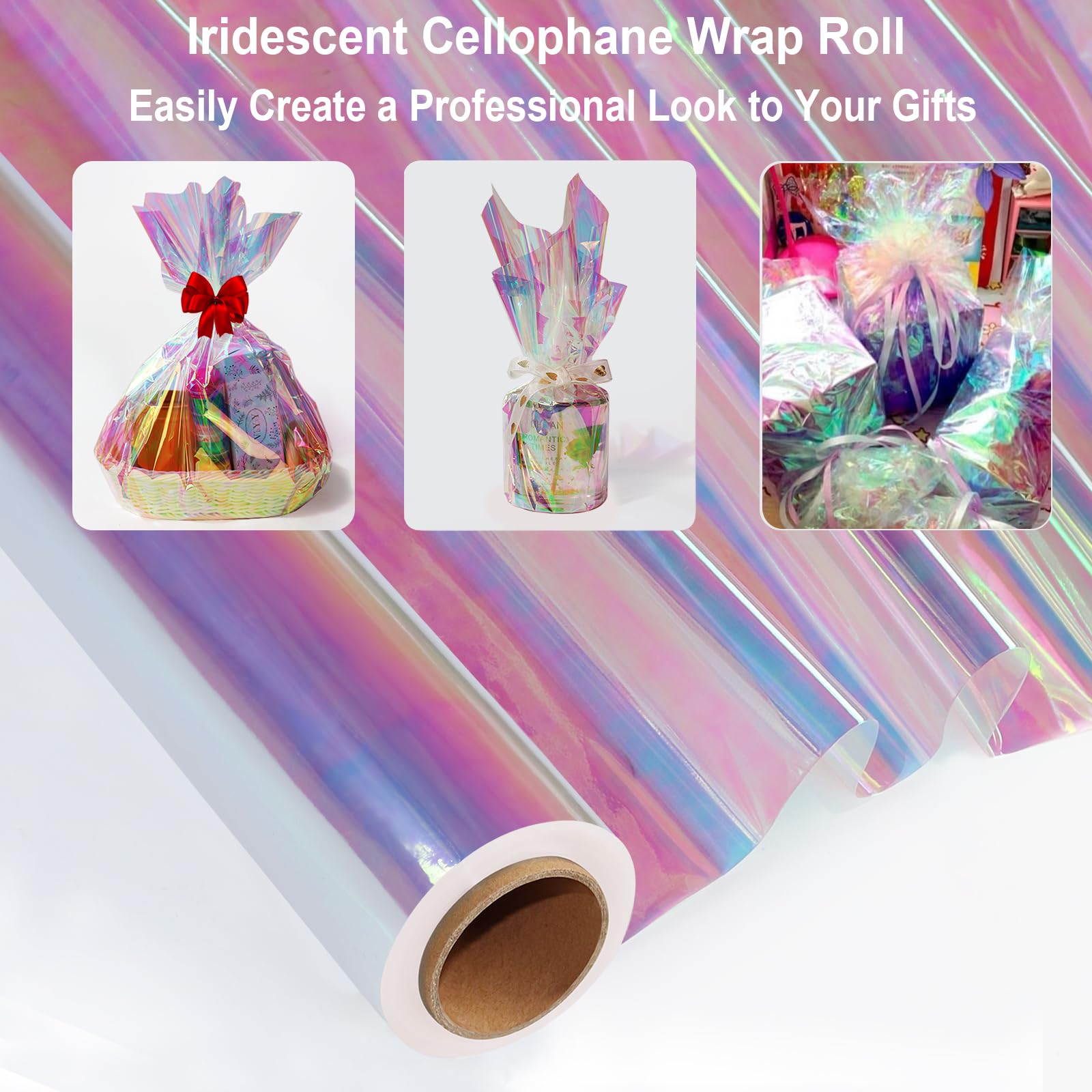 SYOGUA 66 ft Iridescent Cellophane Wrap Roll (17'' Wide x 66' Long) Transparent Iridescent Cellophane Roll, Rainbow Colored Gift Wrapping Plastic for Baskets, Treats, DIY Crafts, Christmas Gifts