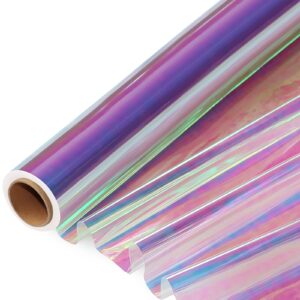 syogua 66 ft iridescent cellophane wrap roll (17'' wide x 66' long) transparent iridescent cellophane roll, rainbow colored gift wrapping plastic for baskets, treats, diy crafts, christmas gifts