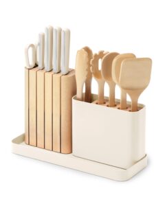 caraway 14-piece kitchen prep set - kitchen knife set & wooden utensil set - made with premium german steel blades & fsc-certified birch wood - non-toxic materials - includes organizer - cream