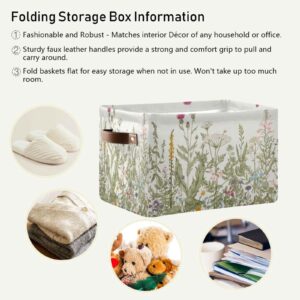 Large Storage Basket Flowers Herbs Wildflowers Botanical Cube Storage Bin Canvas Fabric Organizer Handles Collapsible for Clothes Toys Bedroom Decorative