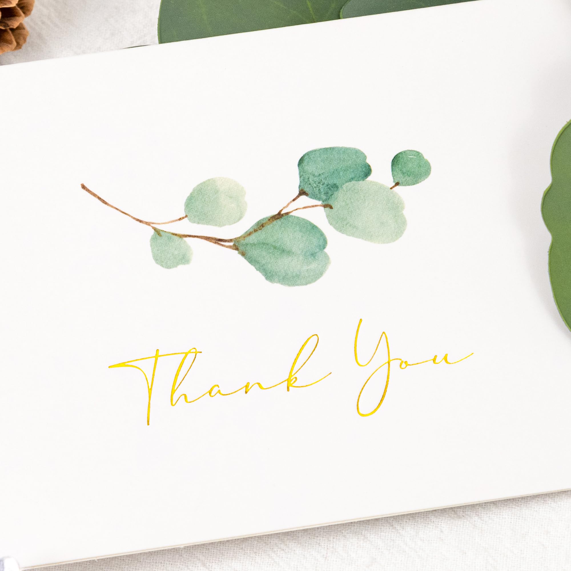 Crisky 100 PK Printable Greenery Thank You Cards with Envelopes Bulk - 5.25 x 3.5 Inches Gold Greenery Thank You Cards Notes for Wedding, Baby Shower, Bridal Shower, Small Business, Birthday