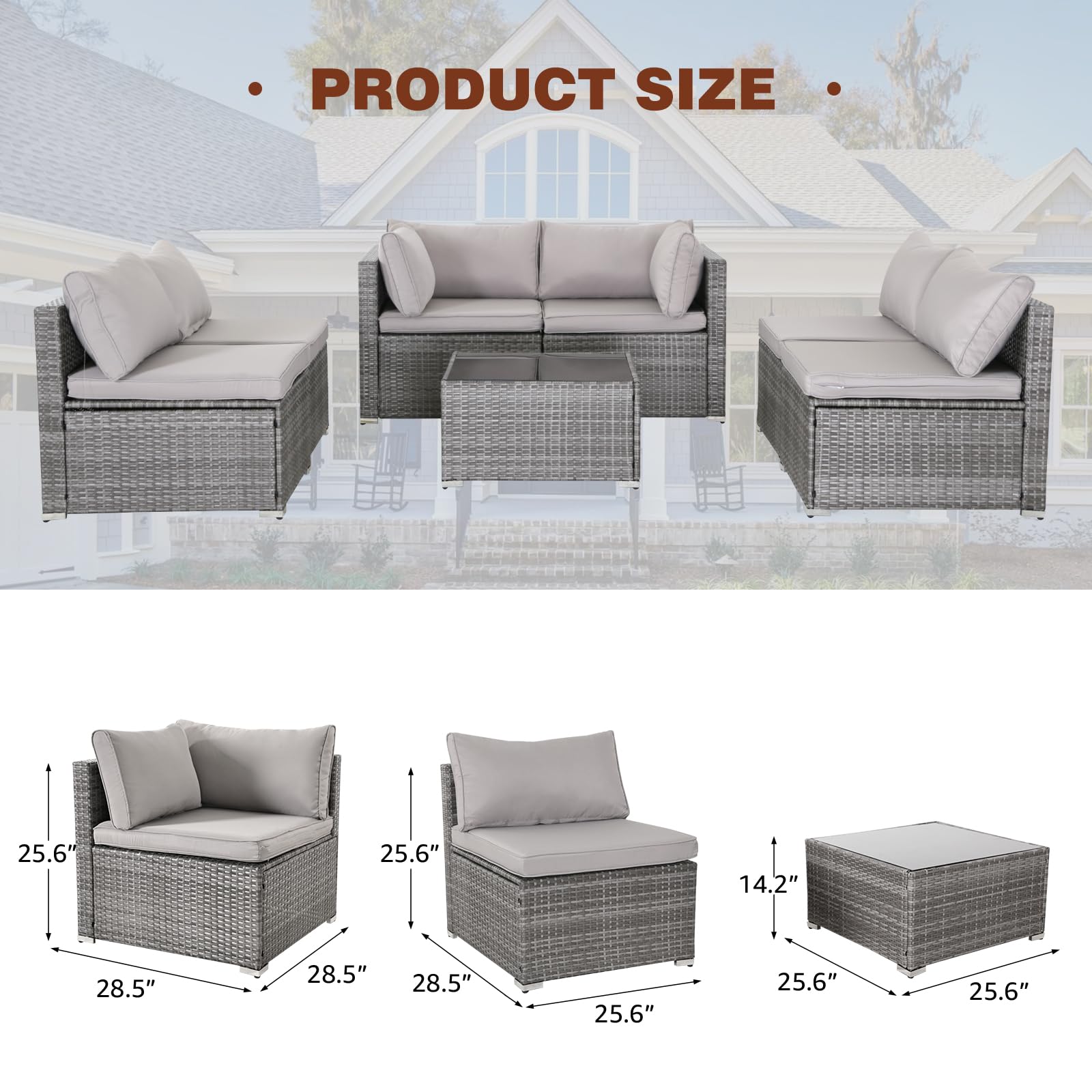 Seogwisam 7 Pieces Patio Furniture Set,Wicker Outdoor Conversation Set,Rattan Sectional Sofa Set w/Washable Cushions & Glass Coffee Table for Porch Poolside Backyard-Gray/Gray