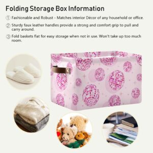 Disco Balls Pink Large Storage Basket Cube Storage Bin Canvas Fabric Organizer Handles Collapsible Decorative for Clothes Toys Bedroom