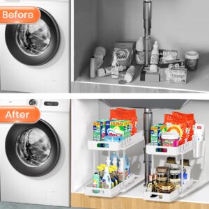 POJORY 2 Pack Double Sliding Under Sink Organizers and Storage,2-Tier Pull Out Under Sink Organizer with Hooks and Hanging Cup,Multi-Purpose Cabinet Organizer for Bathroom Kitchen, White