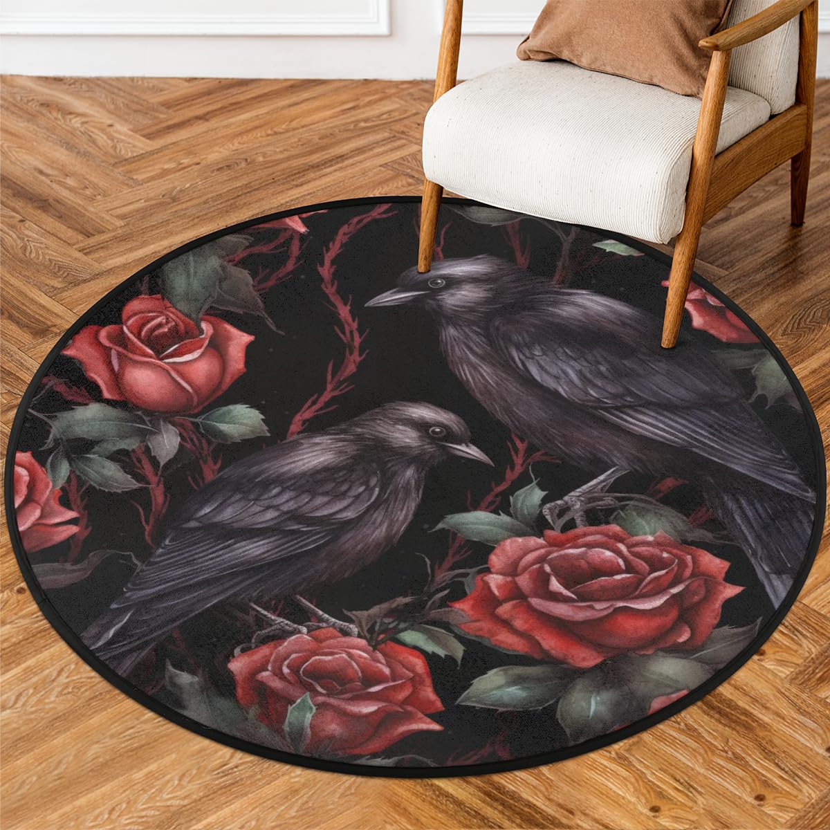 Modern Round Rugs 3 Feet Halloween Red Roses Crows Area Rug for Living Room with Non Slip Backing Soft Kids Play Mat Carpet for Bedroom Patio Rugs