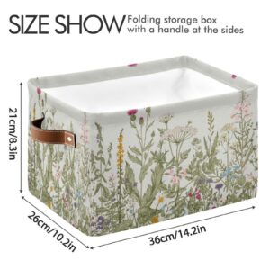 Large Storage Basket Flowers Herbs Wildflowers Botanical Cube Storage Bin Canvas Fabric Organizer Handles Collapsible for Clothes Toys Bedroom Decorative