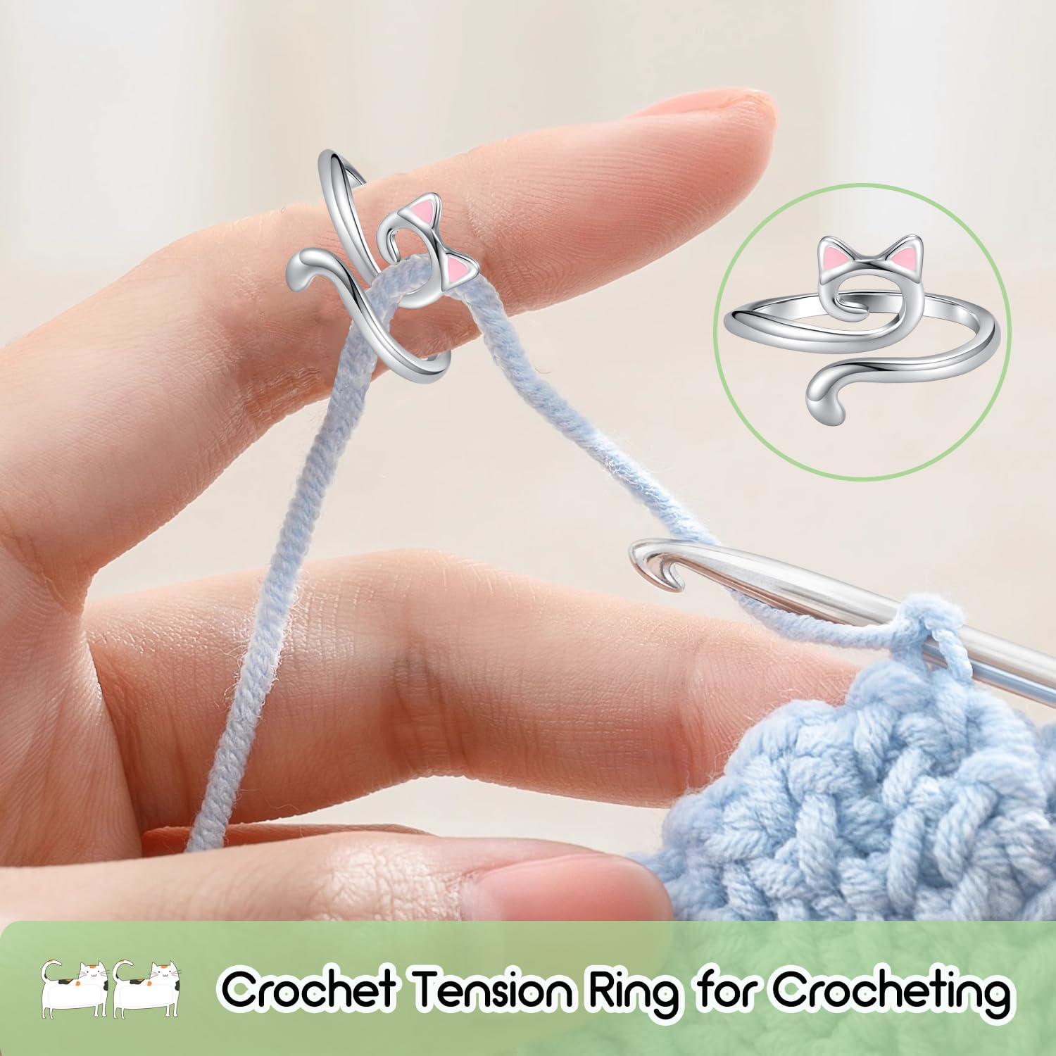 Juszok Crochet Rings for Crocheting Adjustable Crochet Tension Ring for Finger Cat Yarn Guide Ring Knitting Crochet Accessories with Box for Women 3Pcs