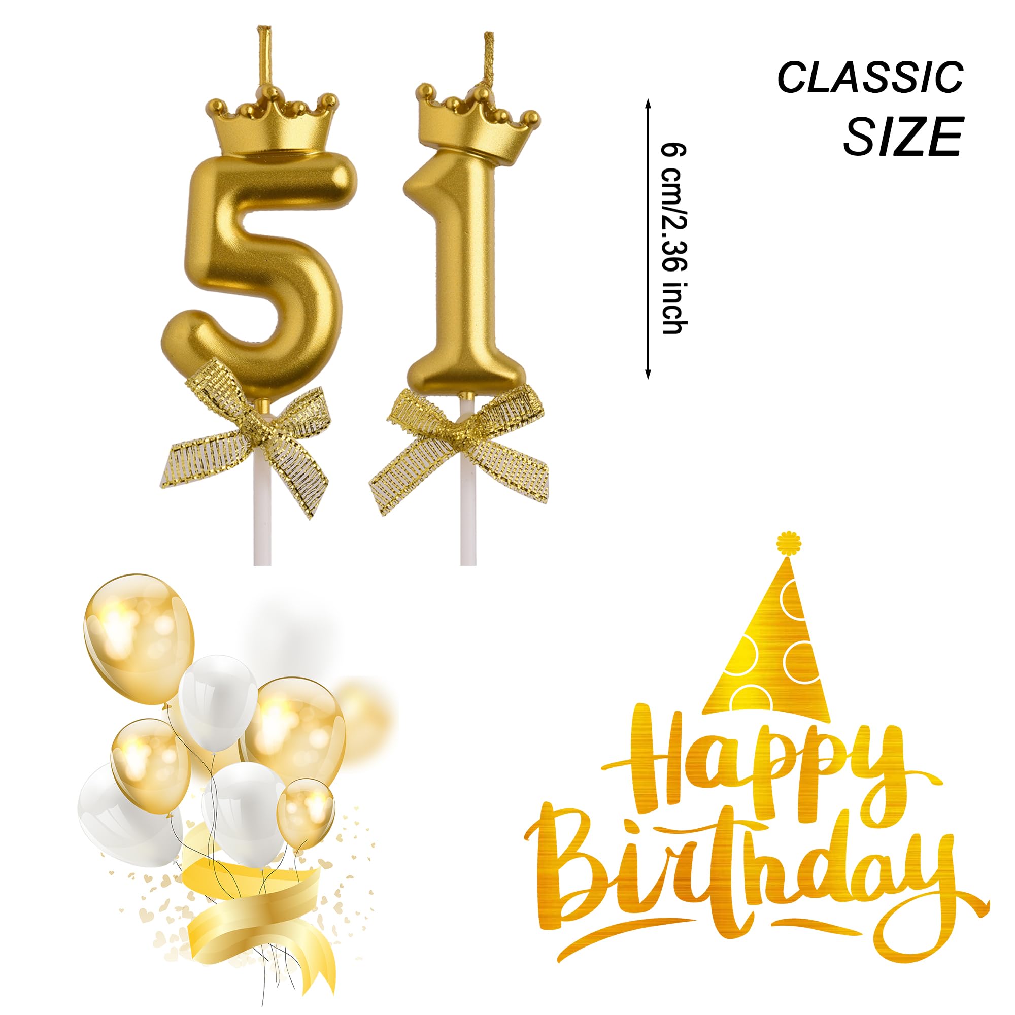 AOOLADA 51st Birthday Candles, Gold 51 Year Old Number Birthday Candles, Happy Birthday Cake Topper Gifts Party Decorations for Men Women