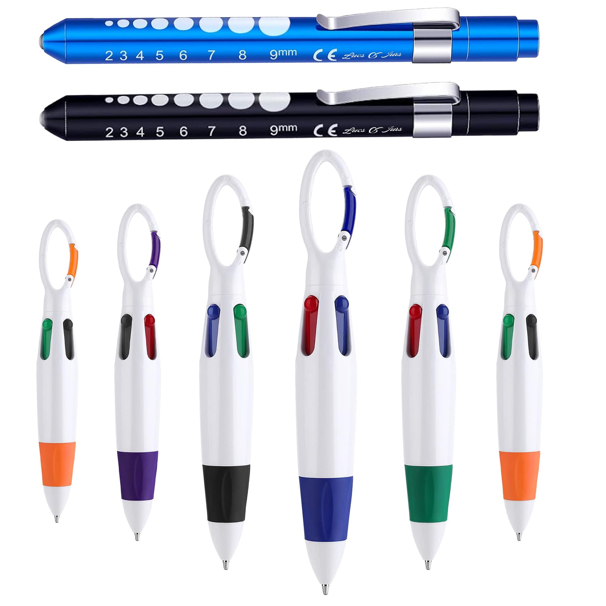 LUCS & JURS 2 Pcs Pen Light with 6 Multicolor Pen- Nurse Flashlight Pen with Pupil Gauge & 9 mm Ruler & Six 4 in 1 Multicolor Ballpoint Pen Pack- Carabiner Pens for Writing