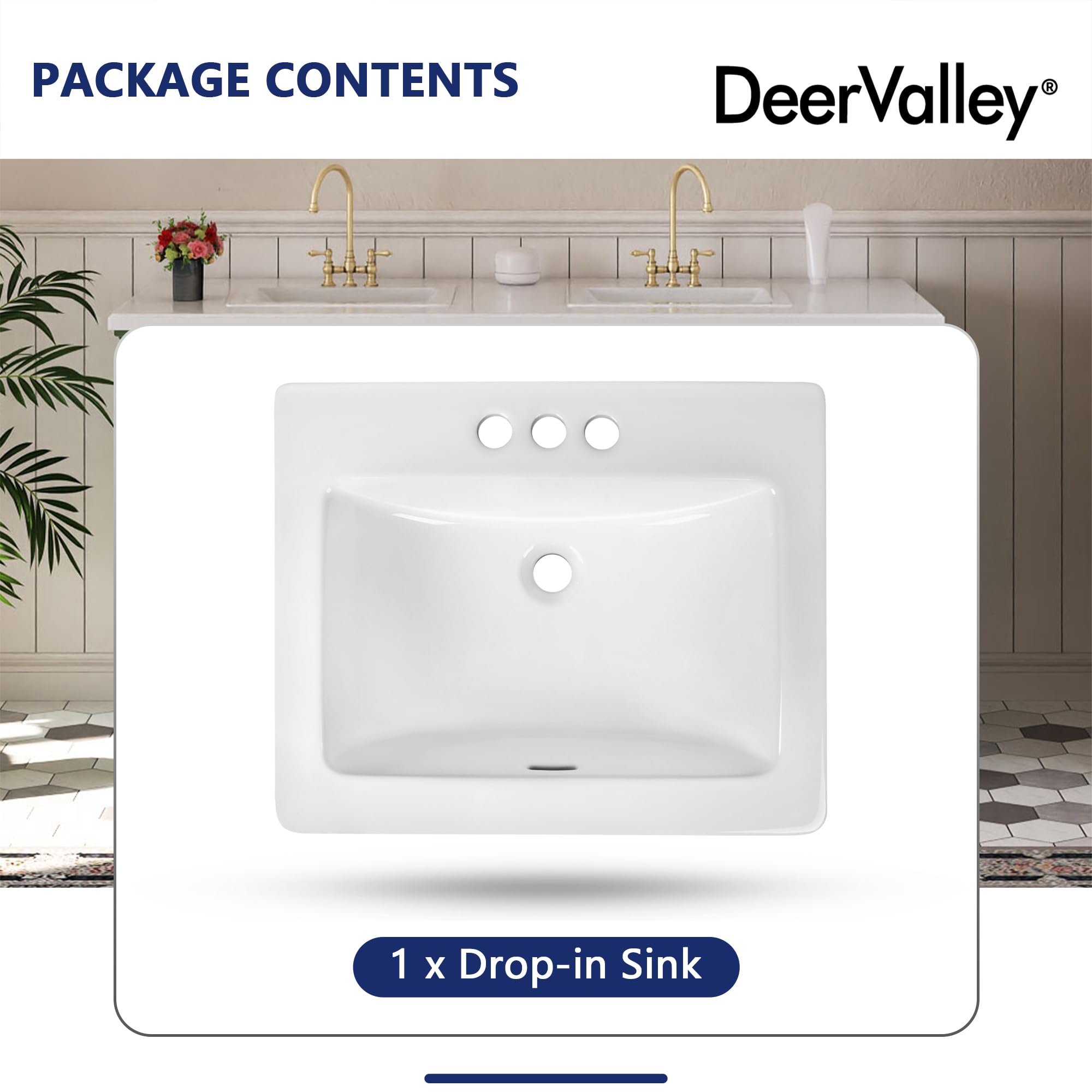 Bathroom Vessel Sink, DeerValley, 21”x18”Rectangular Drop-in Sink for Bathroom Ceramic Vessel Sink White Bathroom Sink Under Counter Modern Art Basin with Overflow and Three Faucet Holes, DV-1DS0122