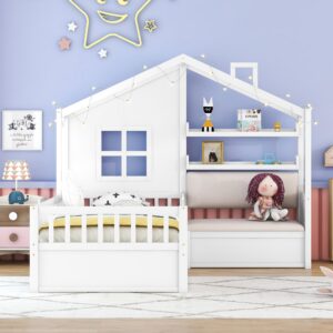 Twin Size House Bed Frame for Boys Girls Kids Adults Toddler with Sofa, Kids Platform Bed with Two Drawers and Storage Shelf, White