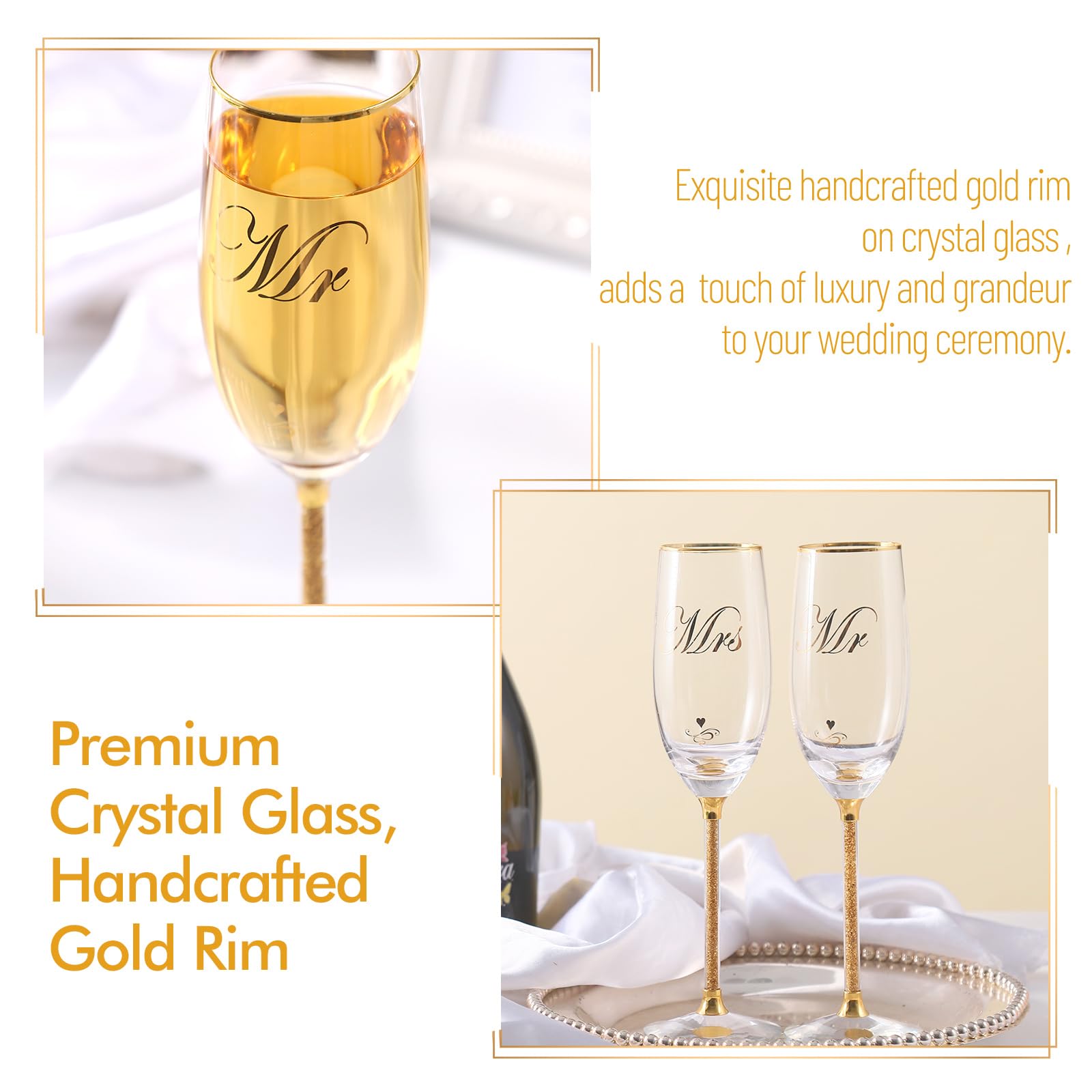 DUJUST Crystal Glass Wedding Champagne Flutes, Mr & Mrs Champagne Glasses with Handcrafted Gold Rim & 24K Gold Leaf Flakes, Square Bride and Groom Champagne Flutes, Valentine's Day Gift, Gift Package