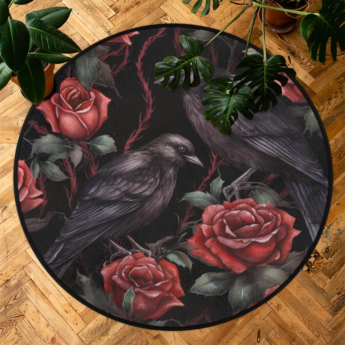 Modern Round Rugs 3 Feet Halloween Red Roses Crows Area Rug for Living Room with Non Slip Backing Soft Kids Play Mat Carpet for Bedroom Patio Rugs