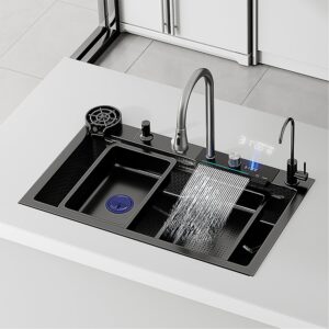 premium 31.5 * 17.7 in waterfall sink - drop in workstation, 304 stainless steel smart sink black kitchen sink, nano coating, experience the perfect blend of aesthetics, durability, versatility