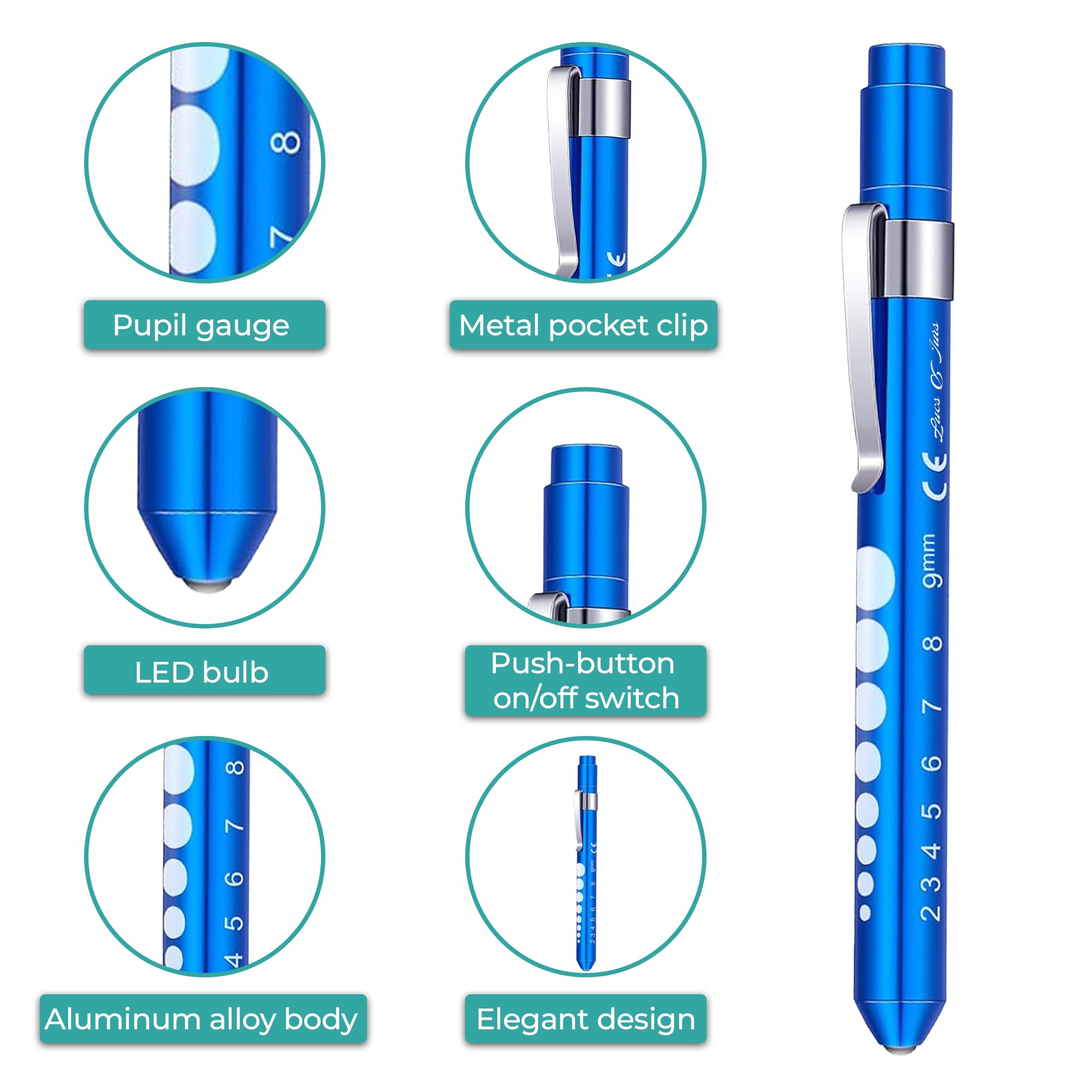 LUCS & JURS 2 Pcs Pen Light with 6 Multicolor Pen- Nurse Flashlight Pen with Pupil Gauge & 9 mm Ruler & Six 4 in 1 Multicolor Ballpoint Pen Pack- Carabiner Pens for Writing