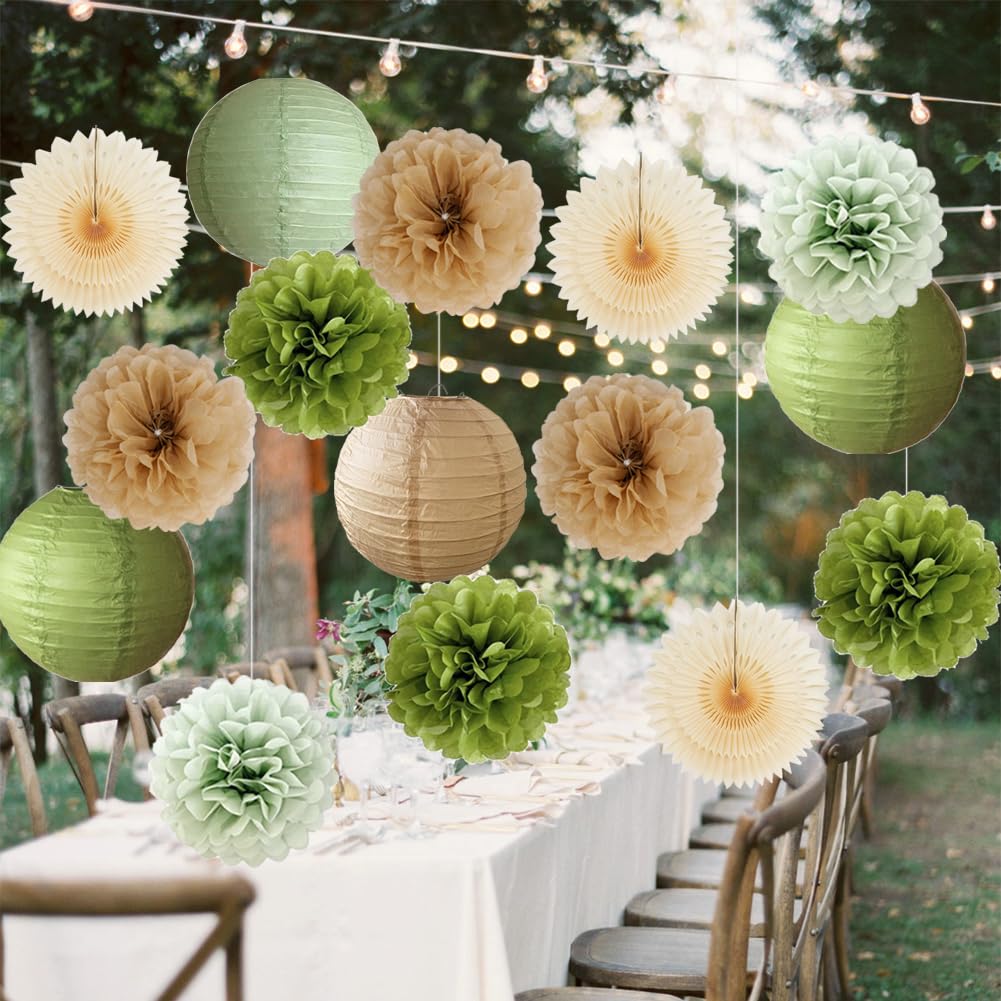 Olive Green and Brown Party Decorations Sage Green Paper Lanterns Champagne Tissue Paper Pom Poms Beige Paper Fans Kit for Birthday Bridal Shower Wedding Olive Green and Brown Baby Shower Decorations