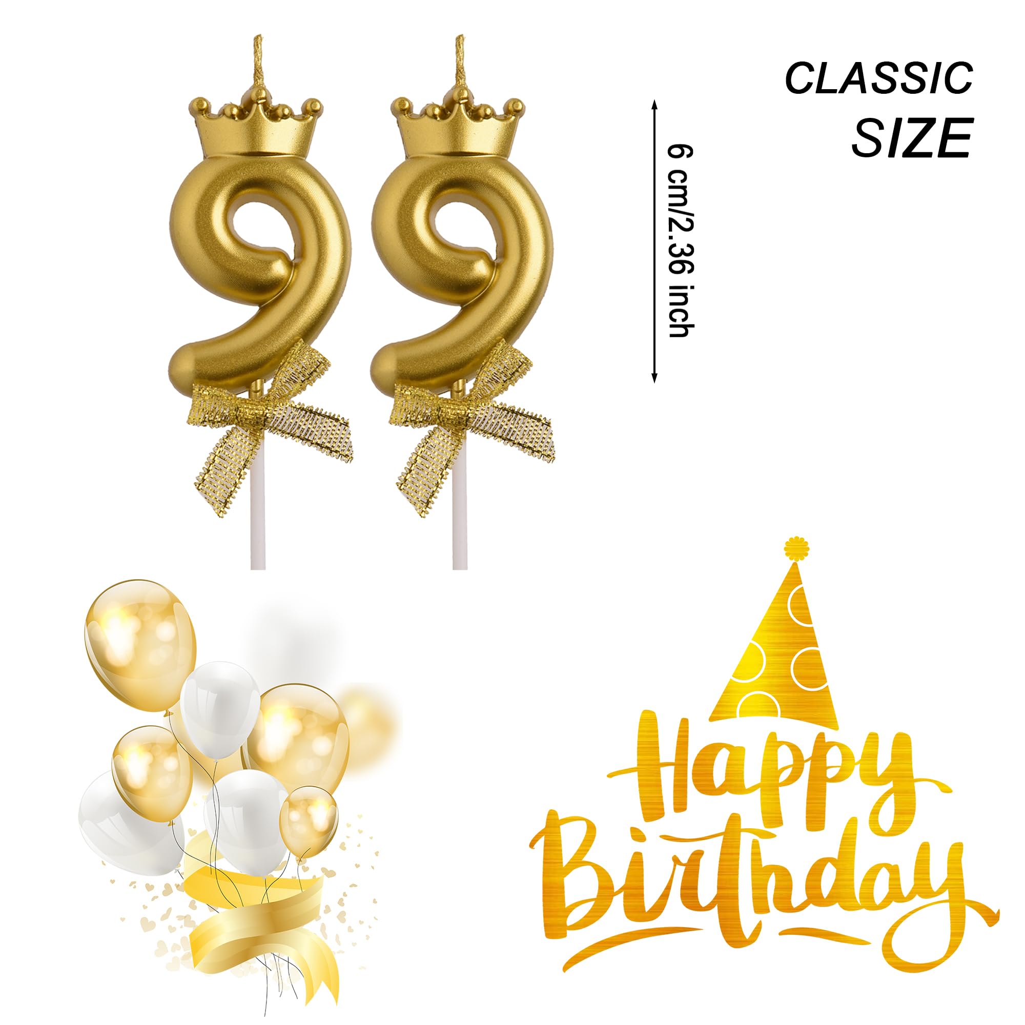 AOOLADA 99th Birthday Candles, Gold 99 Year Old Number Birthday Candles, Happy Birthday Cake Topper Gifts Party Decorations for Men Women