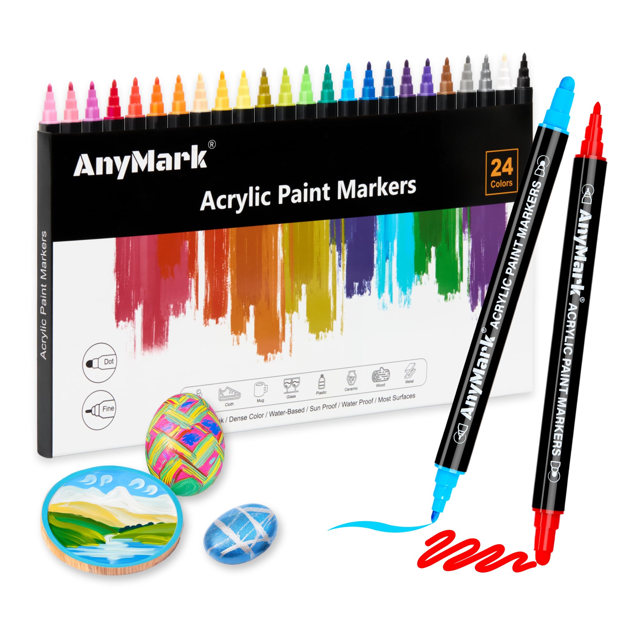 AnyMark 24 Colors Acrylic Paint Markers, Dual Tip Premium Acrylic Paint Pens for Stone, Wood, Calligraphy, Canvas, Ceramic, Metal, Glass, Rock Painting, DIY Crafts