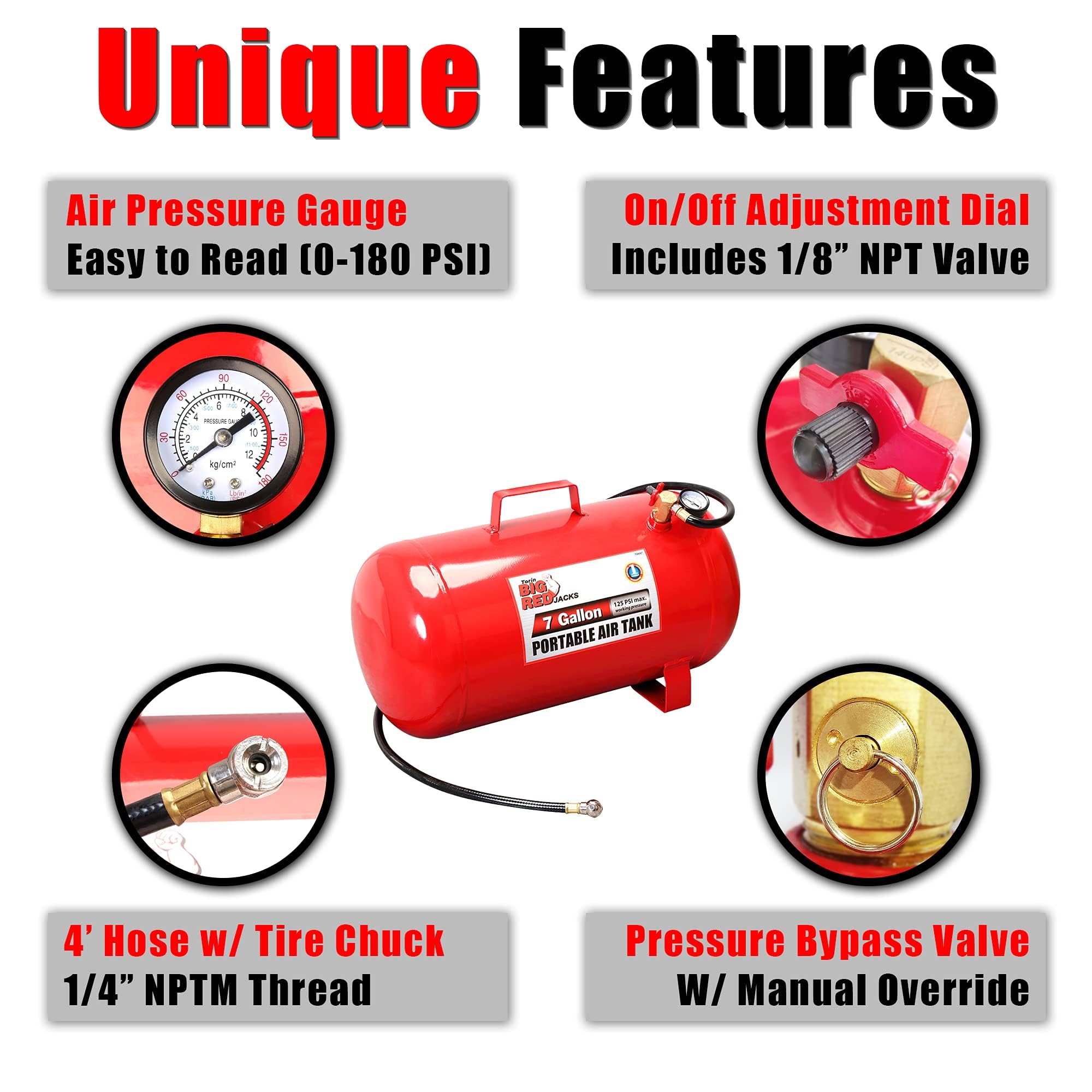 BIG RED T88007-1 Torin Horizontal Portable Air Storage Tank with 36 "Hose and Pressure Gauge, Capacity 7 Gallons, Red