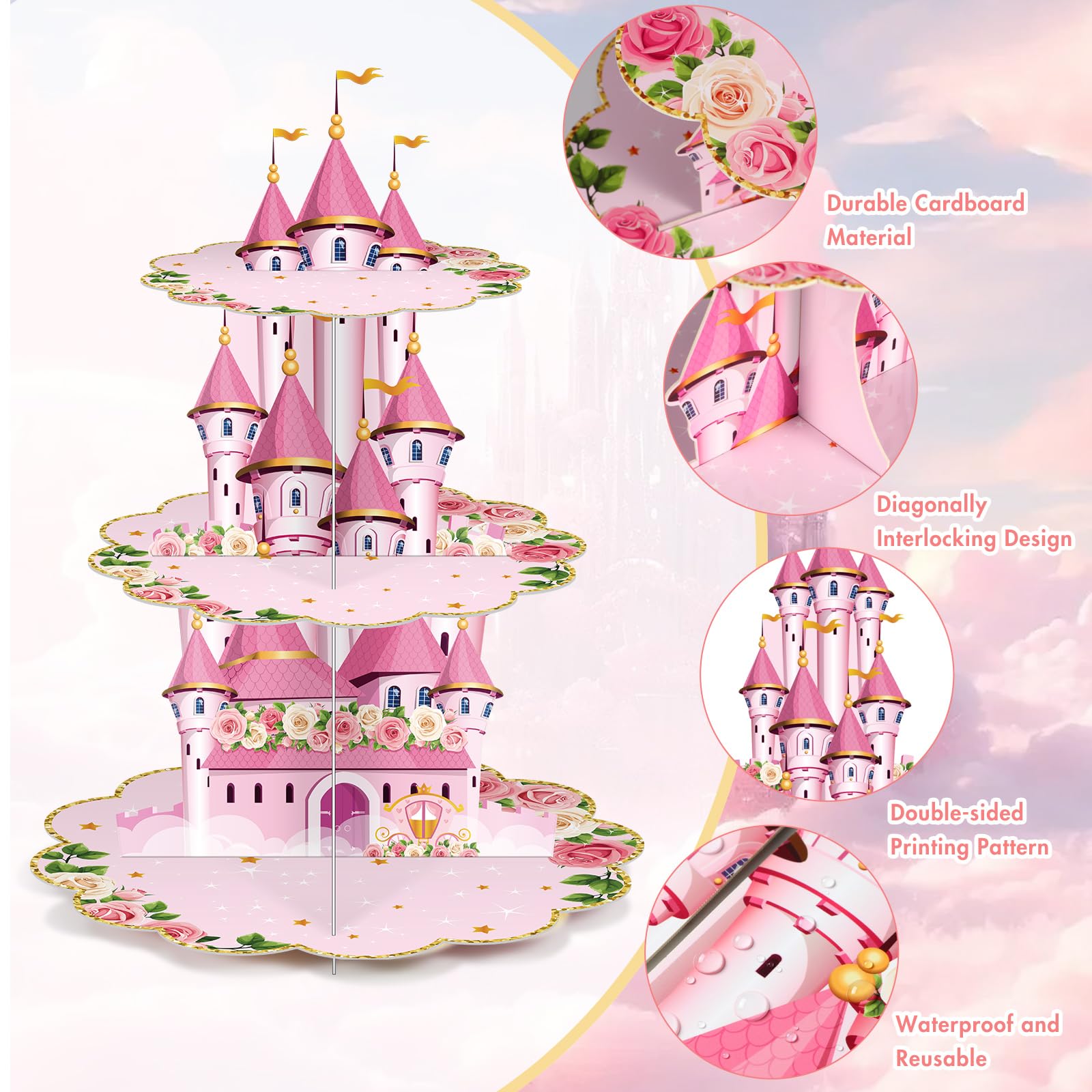 Zopeal 3 Tier Princess Birthday Cupcake Stand Party Decorations Floral Princess Cupcake Holder Pink Castle Crown Carriage Dessert Tower for Girls Birthday Princess Theme Baby Shower Party Supplies