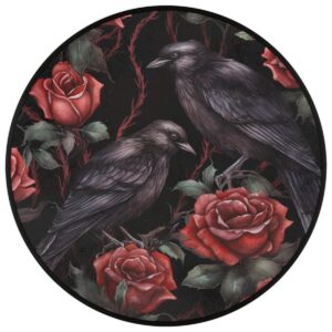 Modern Round Rugs 3 Feet Halloween Red Roses Crows Area Rug for Living Room with Non Slip Backing Soft Kids Play Mat Carpet for Bedroom Patio Rugs