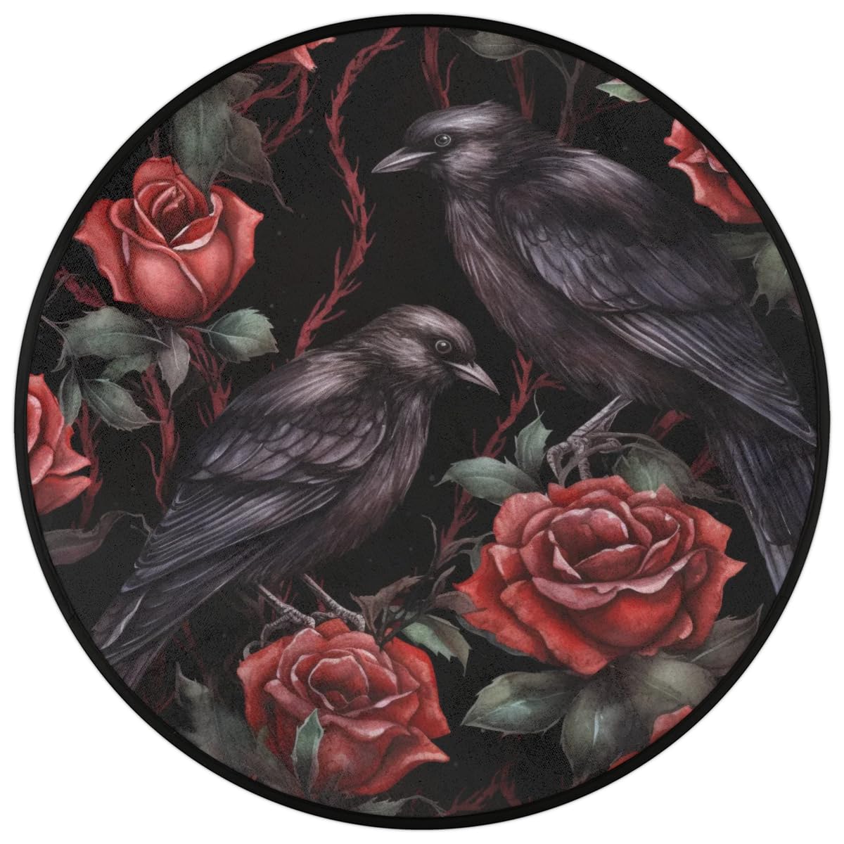 Modern Round Rugs 3 Feet Halloween Red Roses Crows Area Rug for Living Room with Non Slip Backing Soft Kids Play Mat Carpet for Bedroom Patio Rugs