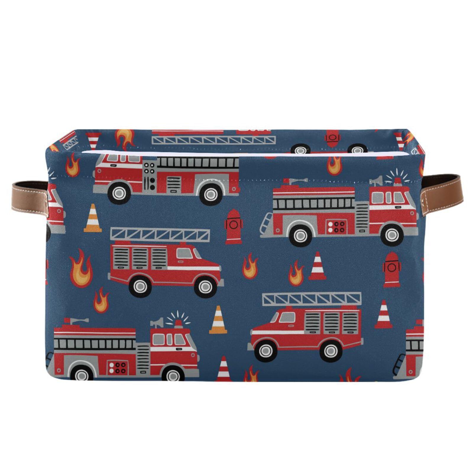 Fire Trucks Large Storage Basket Cube Storage Bin Canvas Fabric Organizer Handles Collapsible Decorative for Clothes Toys Bedroom