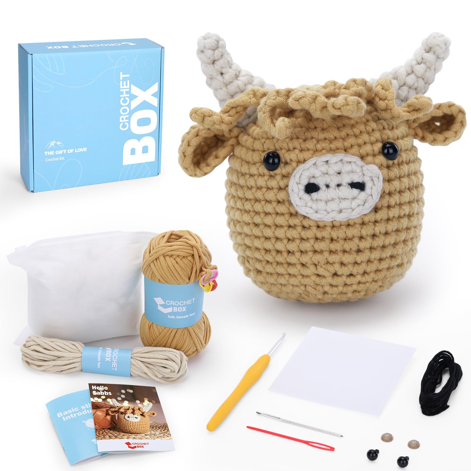 Crochet Kit for Beginners: Highland Cow Crochet Kit, Learn to Crochet, Include Easy Knitting Soft Yarn, Step-by-Step Video Tutorial, Hook, Holiday Birthday Gift for Adults and Kids(30%+ Yarn)