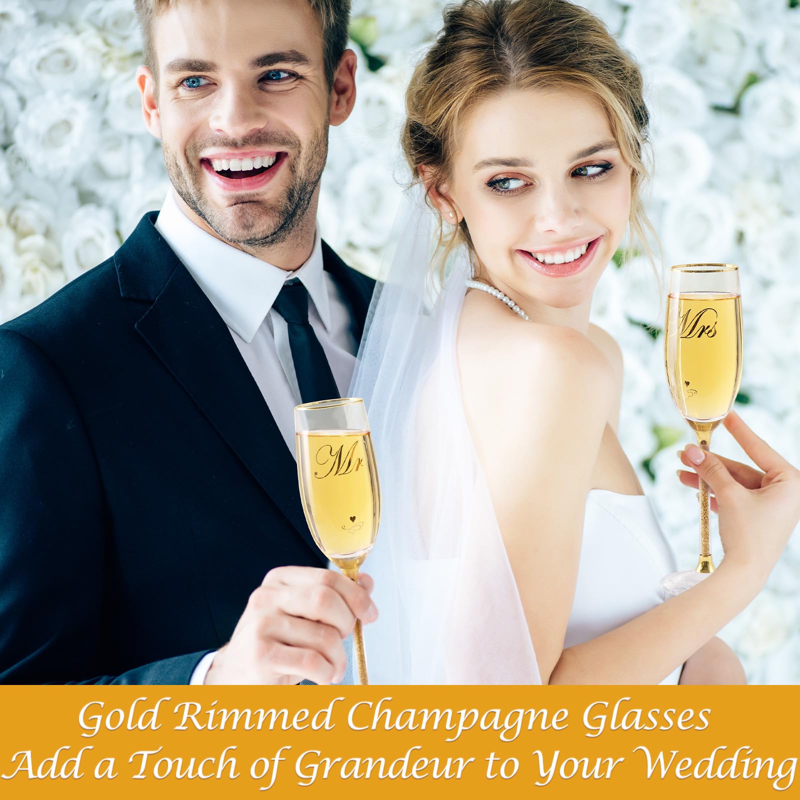 DUJUST Crystal Glass Wedding Champagne Flutes, Mr & Mrs Champagne Glasses with Handcrafted Gold Rim & 24K Gold Leaf Flakes, Square Bride and Groom Champagne Flutes, Valentine's Day Gift, Gift Package