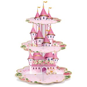 zopeal 3 tier princess birthday cupcake stand party decorations floral princess cupcake holder pink castle crown carriage dessert tower for girls birthday princess theme baby shower party supplies