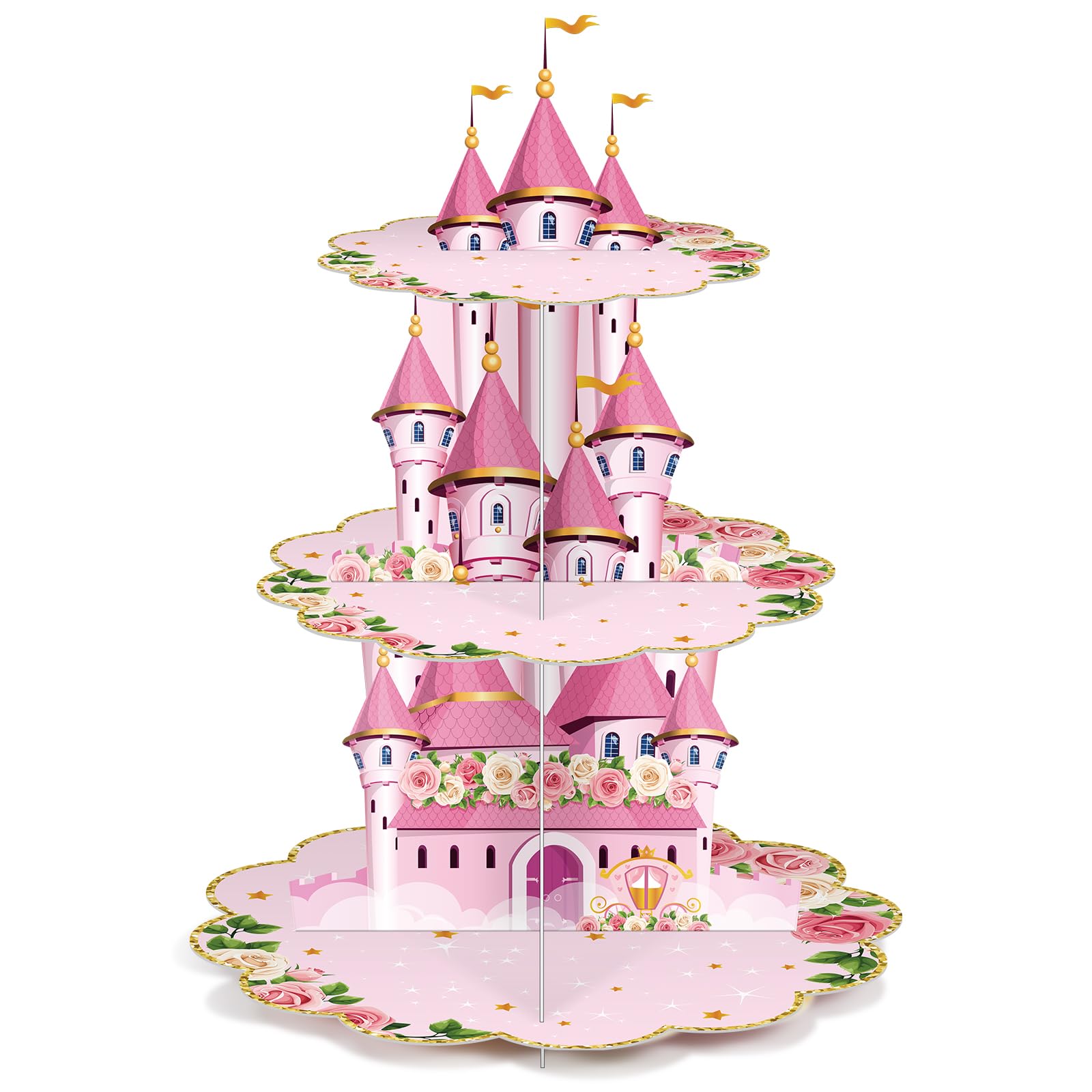 Zopeal 3 Tier Princess Birthday Cupcake Stand Party Decorations Floral Princess Cupcake Holder Pink Castle Crown Carriage Dessert Tower for Girls Birthday Princess Theme Baby Shower Party Supplies