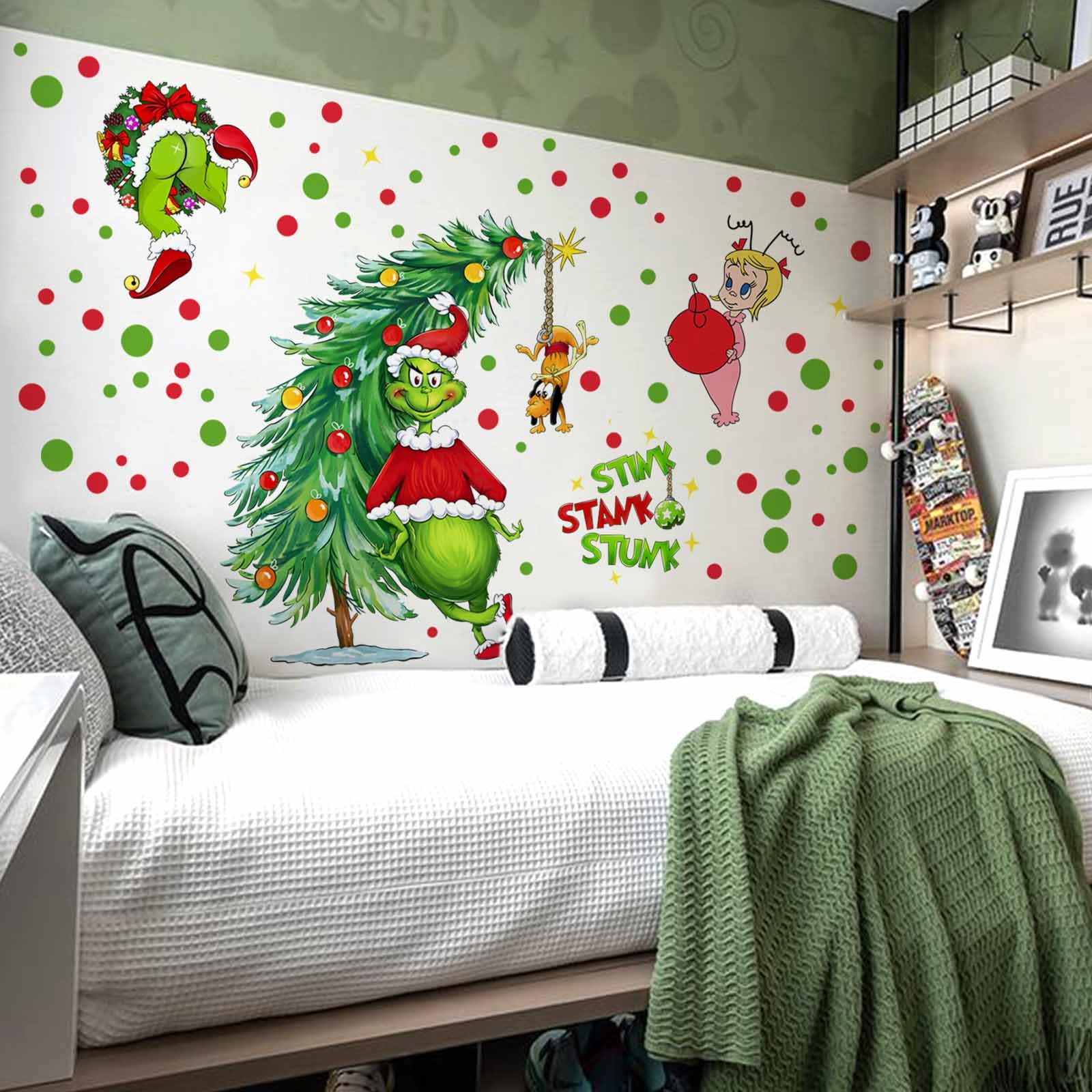 Merry Christmas Wall Decals Stickers Christmas Grińch Wall Decor Reusable 3D Self-Adhesive Holiday Wall Stickers Christmas Party Decorations Home Kitchen Living Room Wall Art Decor 2 Large Sheets