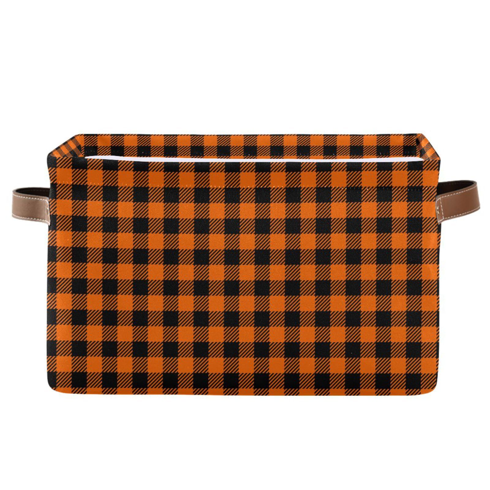 Halloween Thanksgiving Black Orange Plaid Large Storage Basket Cube Storage Bin Canvas Fabric Organizer Handles Collapsible Decorative for Clothes Toys Bedroom