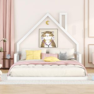 LostCat Full Size Floor Bed Frame with House Shaped Headboard, Wood Montessori Floor Bed for Kids Girls Boys,No Box Spring Needed/Easy Assembly,White