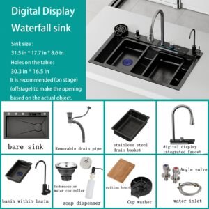 Premium 31.5 * 17.7 in Waterfall Sink - Drop In Workstation, 304 Stainless Steel Smart Sink Black Kitchen Sink, Nano Coating, Experience the Perfect blend of Aesthetics, Durability, Versatility