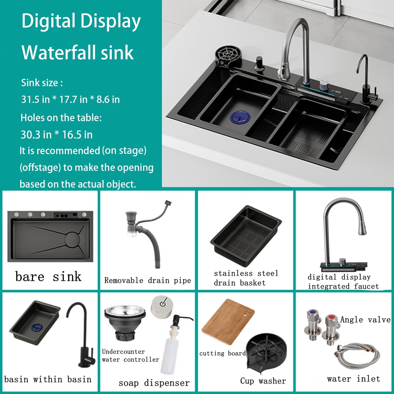 Premium 31.5 * 17.7 in Waterfall Sink - Drop In Workstation, 304 Stainless Steel Smart Sink Black Kitchen Sink, Nano Coating, Experience the Perfect blend of Aesthetics, Durability, Versatility